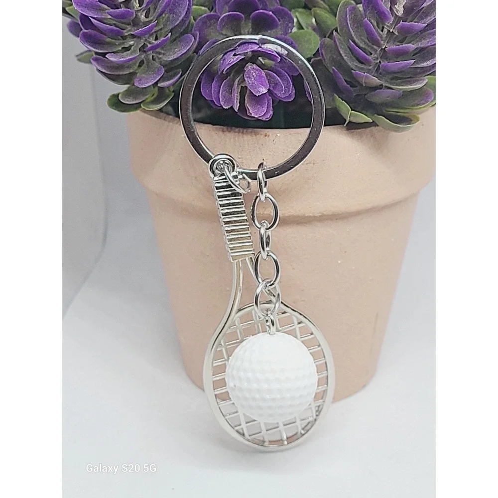 Handmade White Ball Tennis Racket Keychain Silver Tone‎ Women Sport Accessory